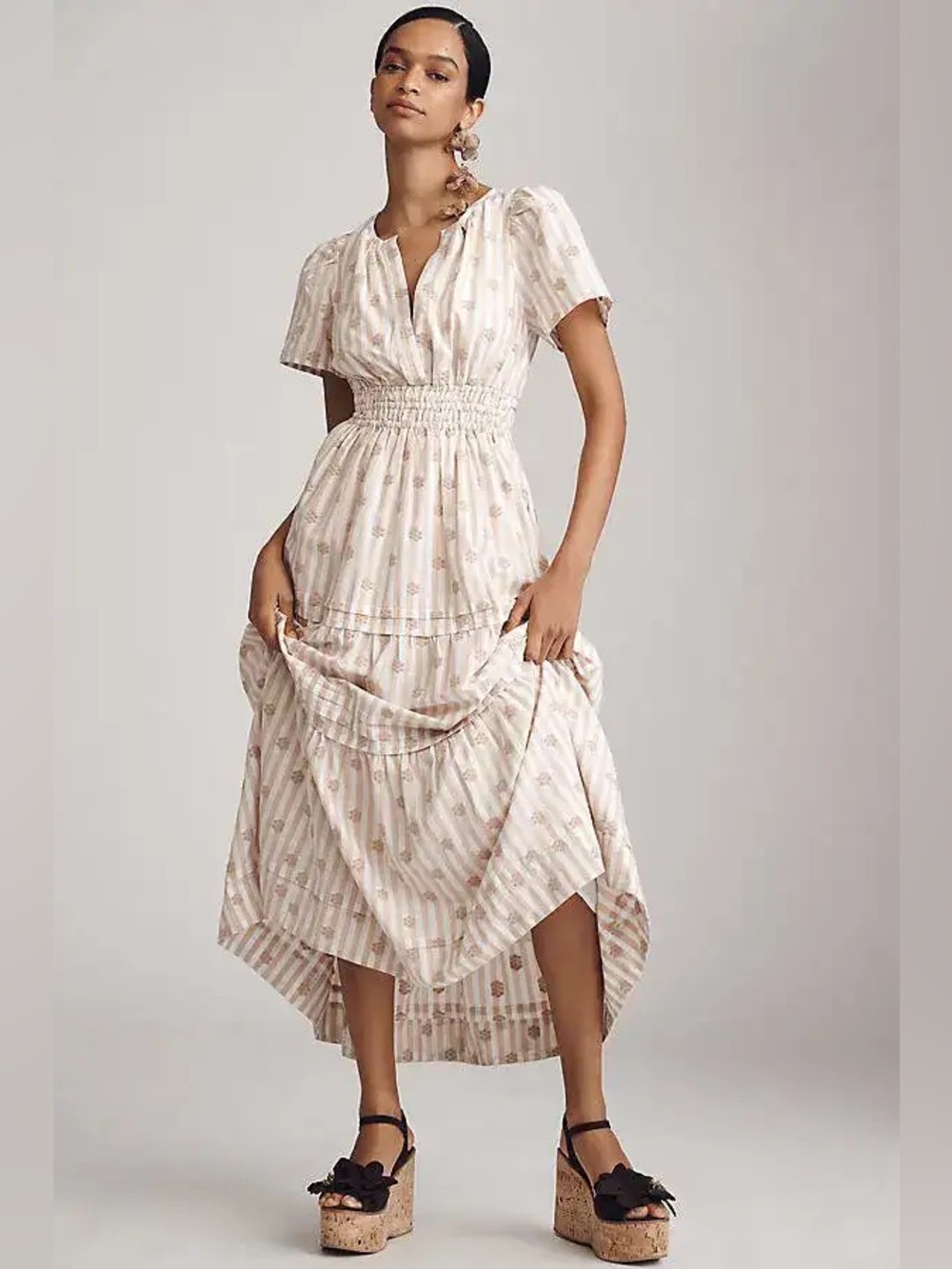 Anthropologie Somerset Striped Floral Embroidered Maxi Dress Beige Size XXS